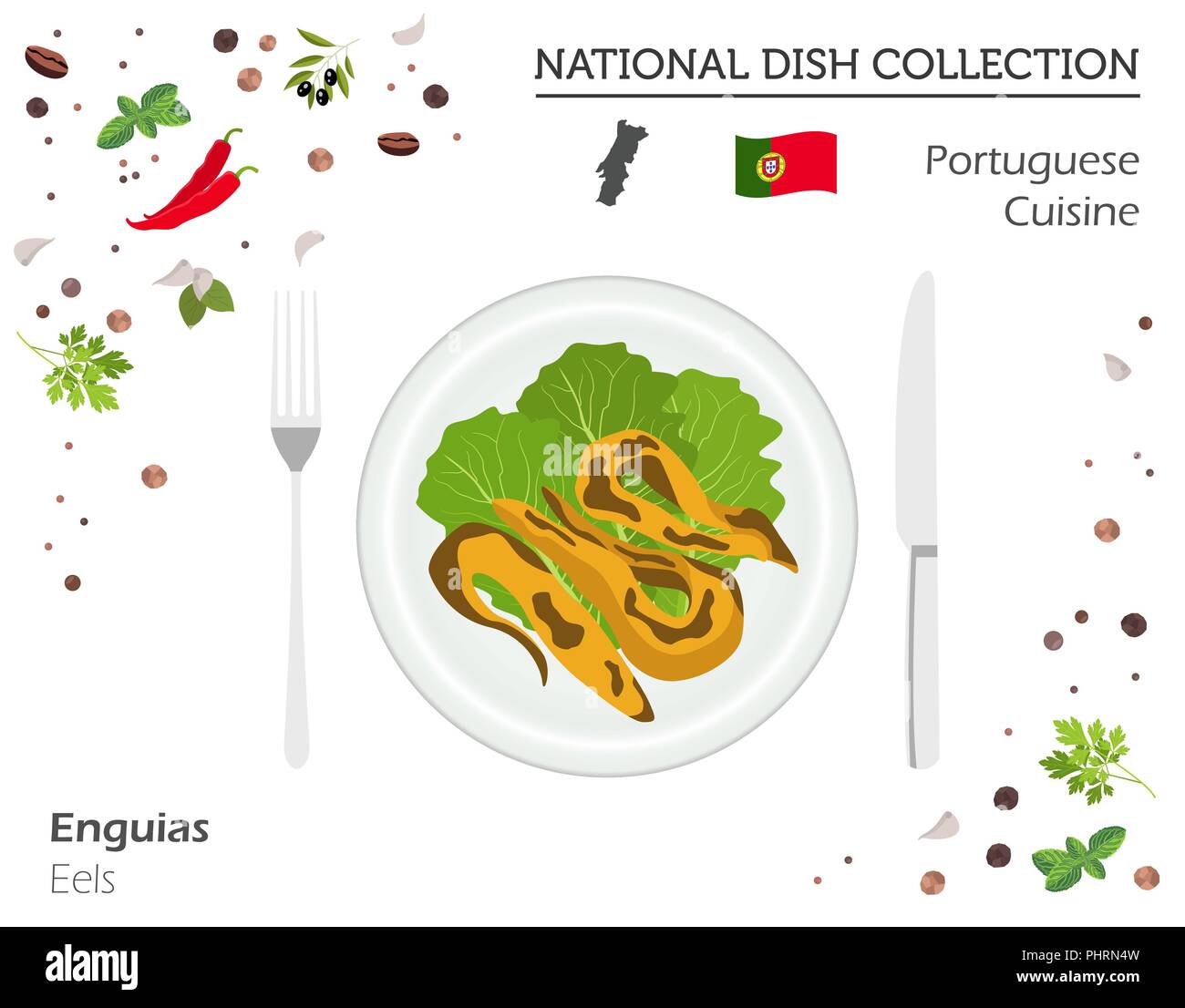 Portugiesische Küche. Europäische Nationalgericht Sammlung. Aale isoliert auf Weiss, Infografik. Vector Illustration Stock Vektor