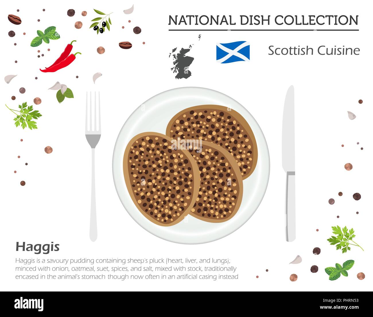 Schottische Küche. Europäische Nationalgericht Sammlung. Haggis isoliert auf Weiss, Infografik. Vector Illustration Stock Vektor