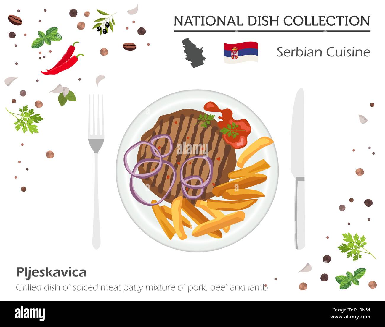 Serbische Küche. Europäische Nationalgericht Sammlung. Gegrilltes Gericht gewürztem Fleisch patty Mischung aus Schwein, Rind und Lamm isoliert auf Weiss, Infografik. V Stock Vektor