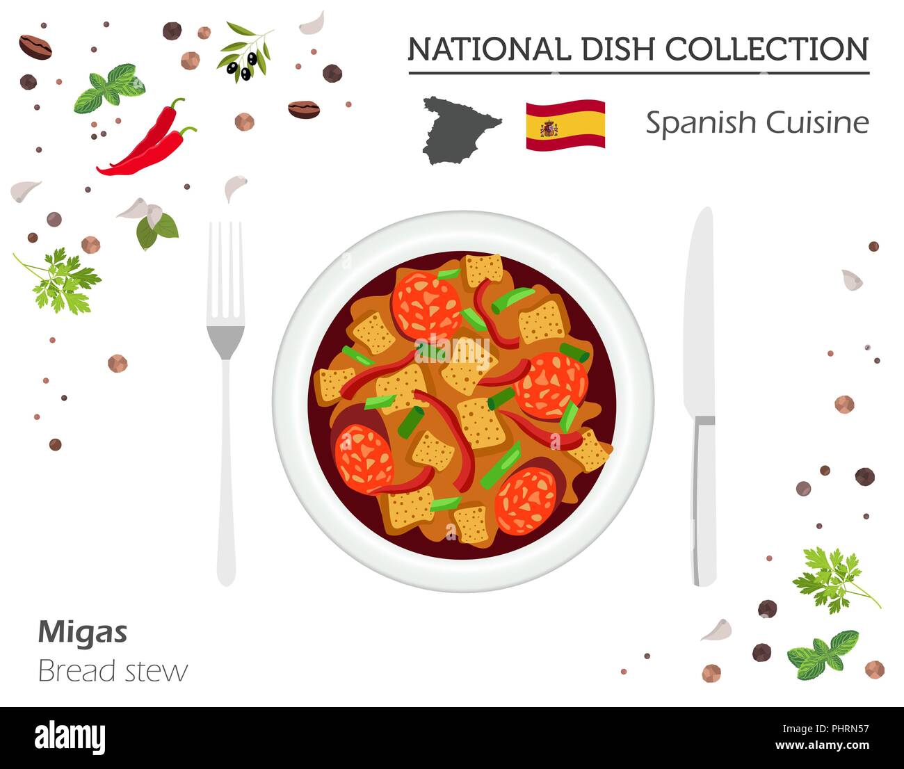 Spanische Küche. Europäische Nationalgericht Sammlung. Brot Eintopf isoliert auf Weiss, Infografik. Vector Illustration Stock Vektor