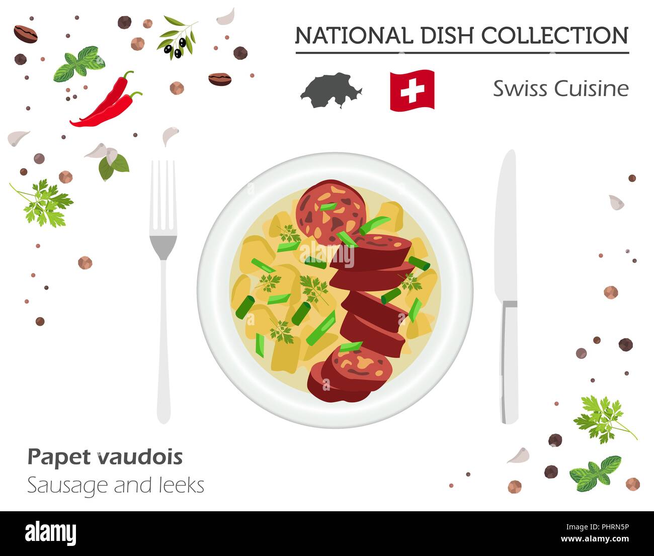 Schweizer Küche. Europäische Nationalgericht Sammlung. Wurst und Lauch isoliert auf Weiss, Infografik. Vector Illustration Stock Vektor