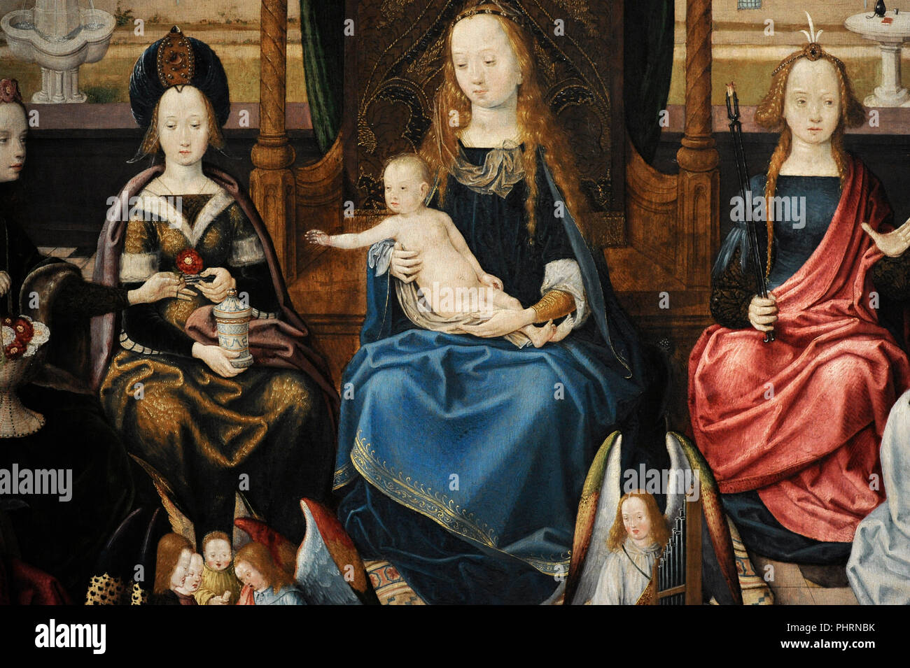 Meister der Legende der Heiligen Ursula und Workshop (aktiv in Köln, ca. 1480/1490 - ca. 1510/1515). Die Jungfrau Maria mit weiblichen Heiligen. Von links nach rechts, St. Katharina, St. Dorothy, St. Maria Magdalena, St. Apollonia, St. Agnes und St. Barbara, 1485. Detail. Wallraf-Richartz-Museum. Köln. Deutschland. Stockfoto