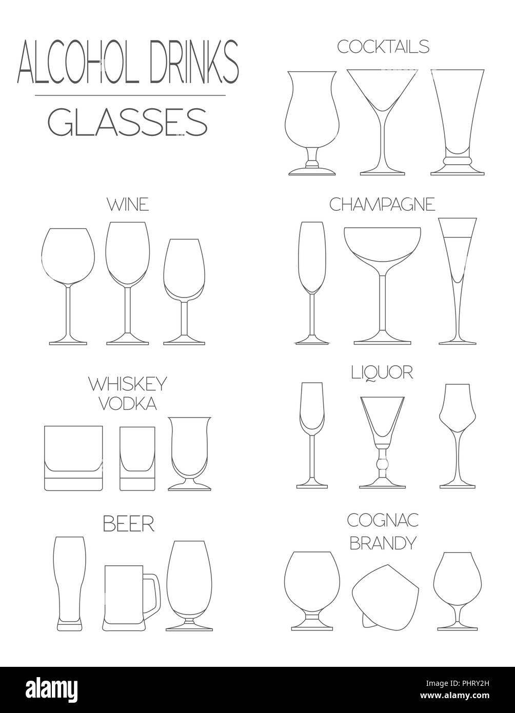 Alkohol Gläser flachbild Icon Set. Verschiedene alkoholische Getränke. Vector Illustration Stock Vektor