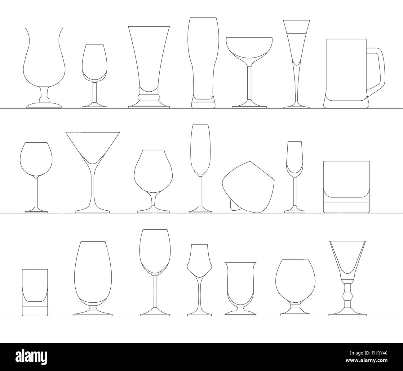 Alkohol Gläser flachbild Icon Set. Verschiedene alkoholische Getränke. Vector Illustration Stock Vektor