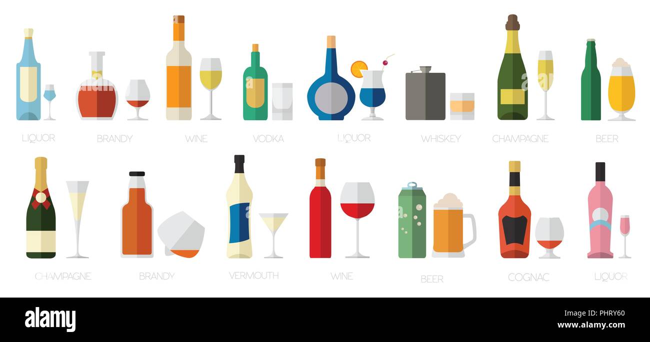 Alkohol Glaser Und Flaschen Flachbild Icon Set Verschiedene Alkoholische Getranke Vector Illustration Stock Vektorgrafik Alamy