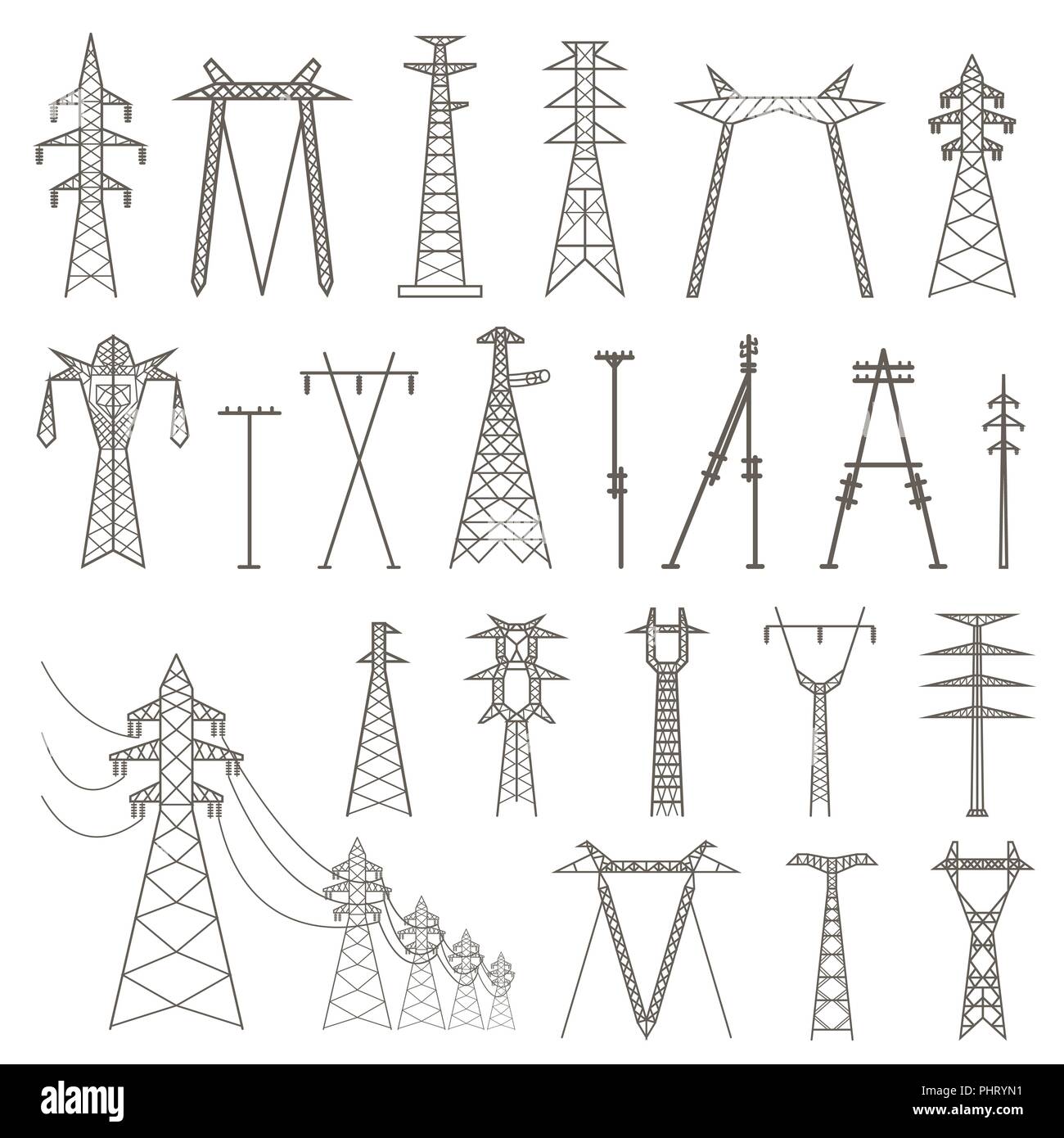 Hohe Spannung elektrische Leitung pylon. Icon Set Geeignet für die Erstellung von Infografiken. Web site Inhalt etc. Vector Illustration Stock Vektor