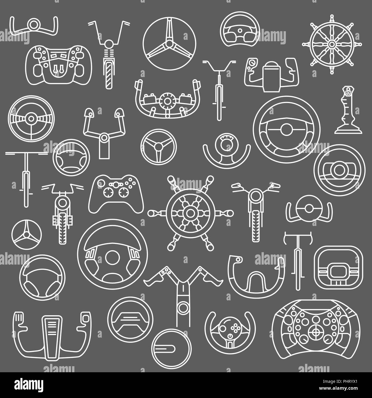 Ausrüstung für den Transport der Fahrt einstellen. Helm, Seitenruder, Lenkräder dünne Linie Symbole. Vector Illustration Stock Vektor