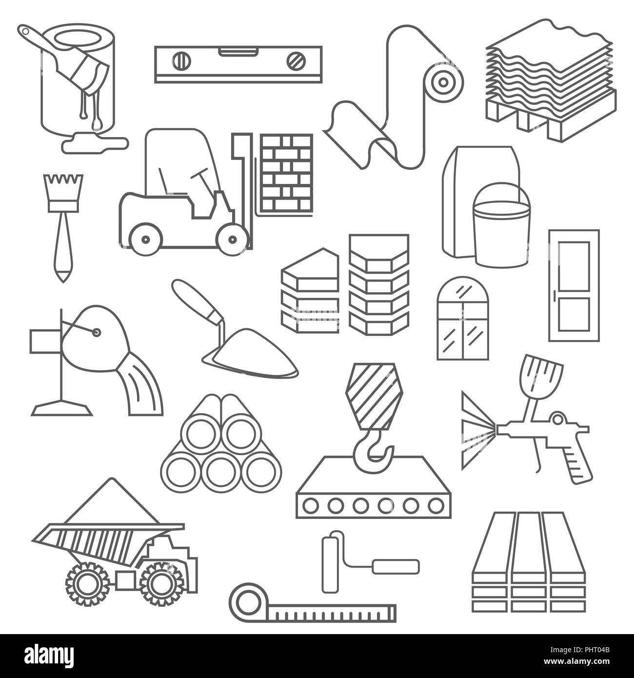 Bau- und Ausbaumaterialien Icon Set. Thin Line Design isoliert auf Weiss. Ihre industriellen Infografiken Sammlung erstellen. Vector Illustration Stock Vektor