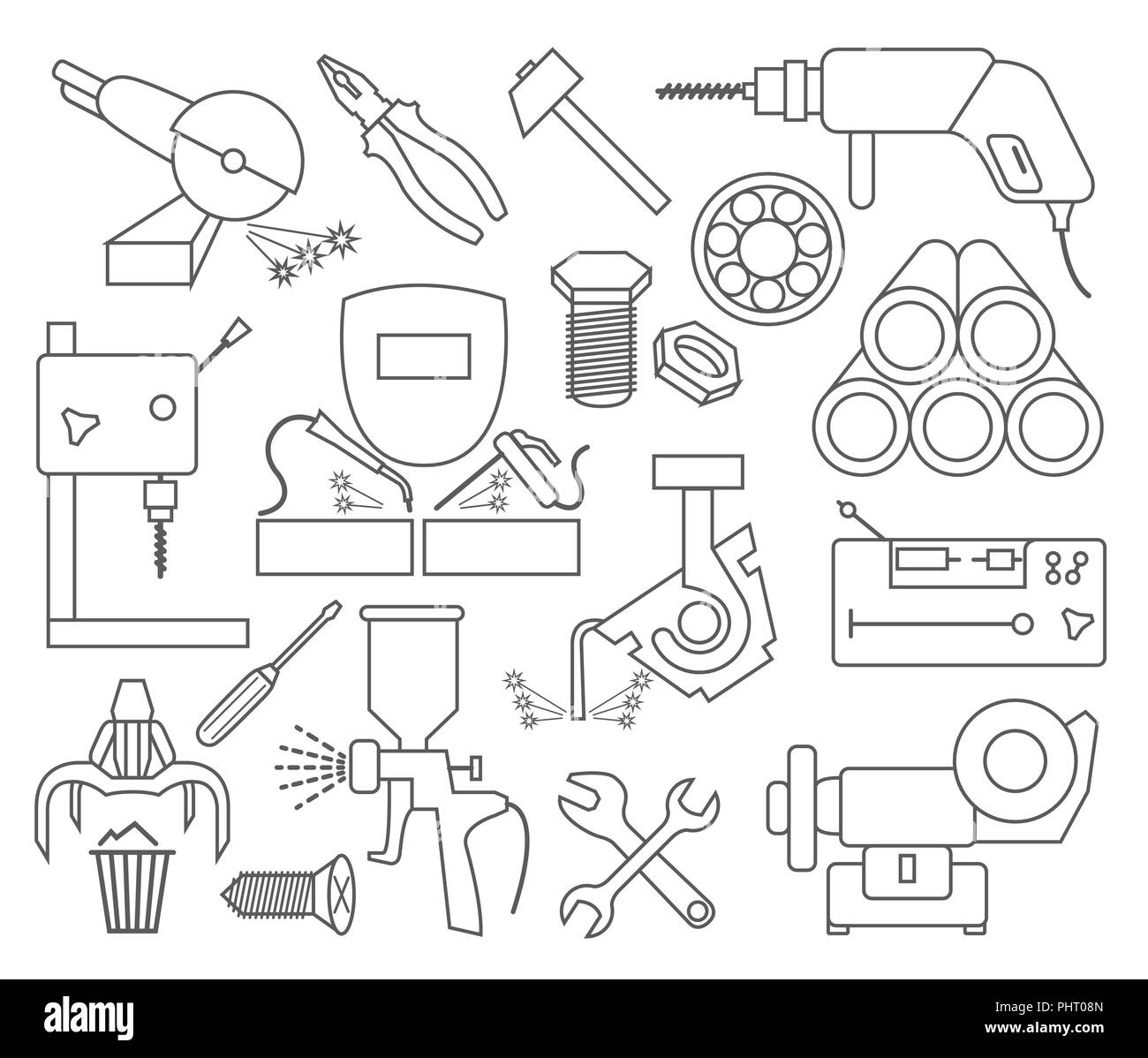Metal Working tools Symbol gesetzt. Thin Line Design. Vector Illustration Stock Vektor