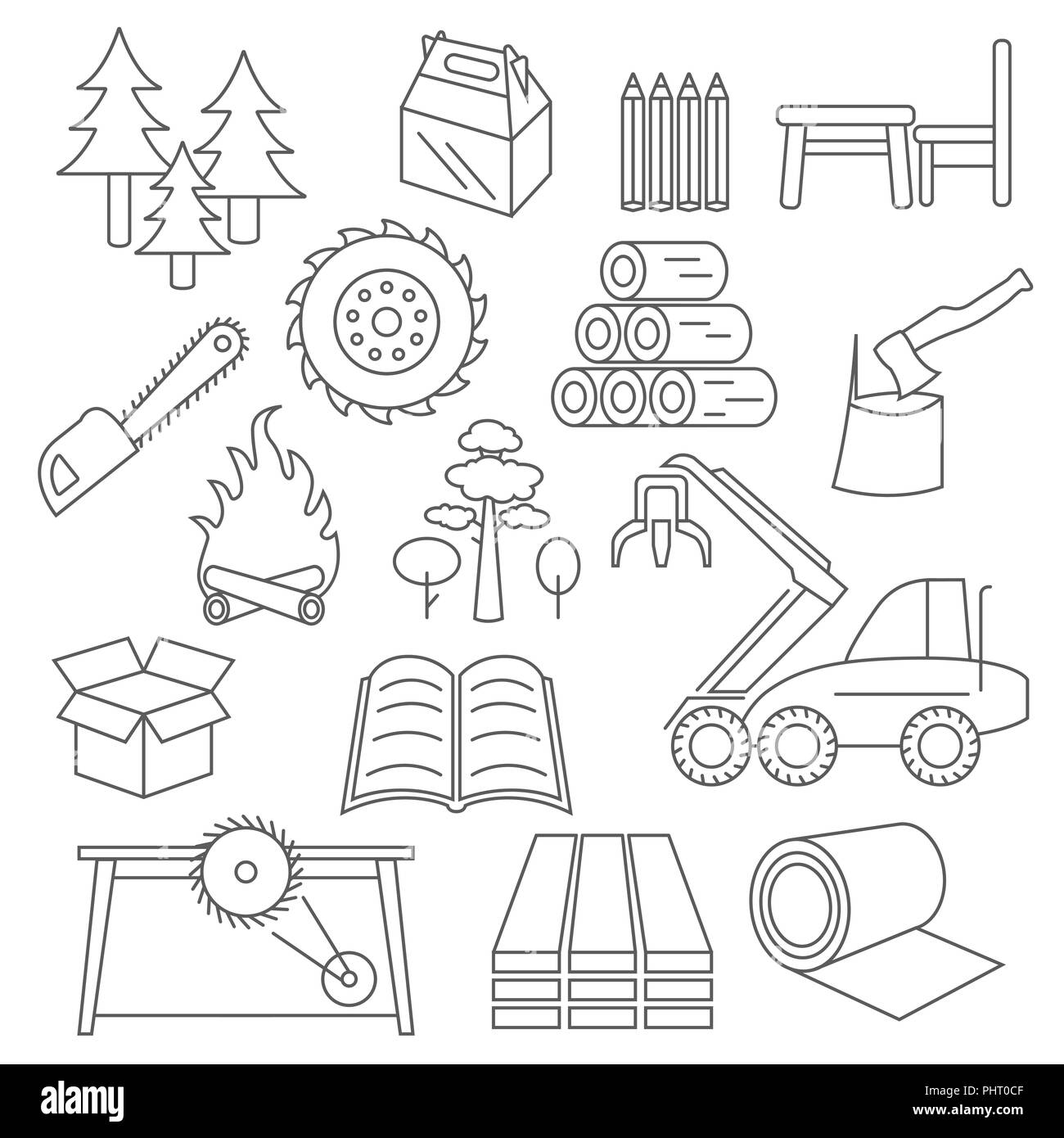 Zellstoff-, Papier- und Holzprodukte Icon Set. Thin Line Design isoliert auf Weiss. Ihre industriellen Infografiken Sammlung erstellen. Vector Illustration Stock Vektor