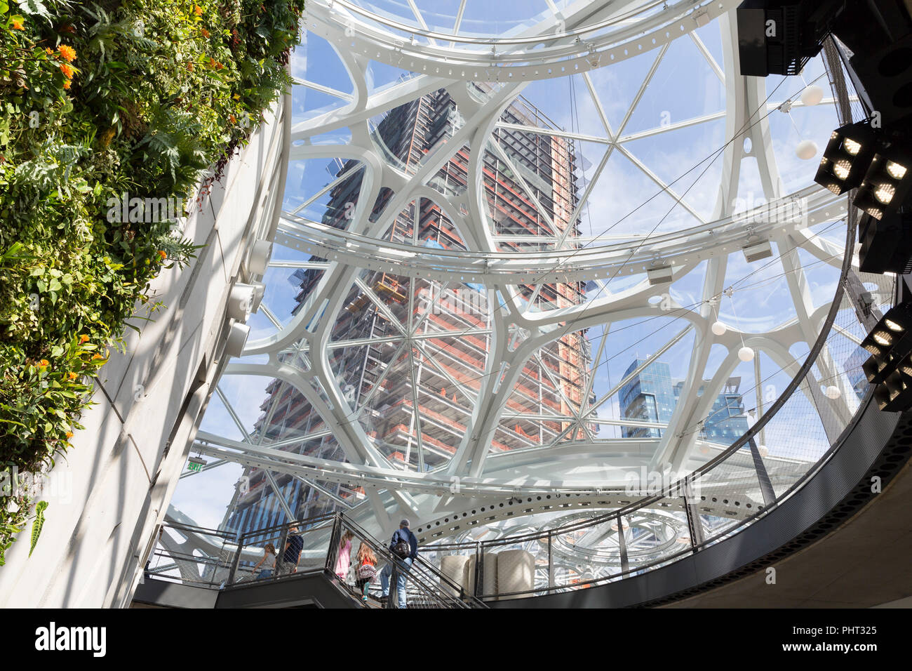 Seattle, Washington: Blick auf Amazon Turm III im Bau von Atrium der Kugeln auf dem Amazon Urban Campus. Das 37-stöckige Bürogebäude i Stockfoto