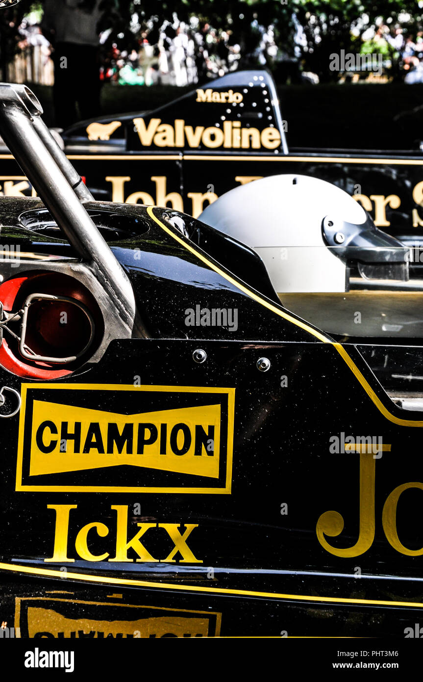 Classic Lotus Formel 1-Grand Prix Rennwagen von Jacky Ickx. John Player Special Schwarz und Gold. Meister Sponsoring. Autos. Historische. Vintage Stockfoto