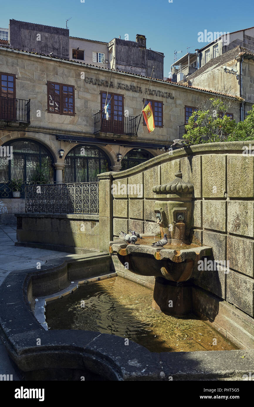 Quelle in der Rua Real und Camara Agraria Provincial de Pontevedra der Teucro Square, Galizien, Spanien, Europa Stockfoto