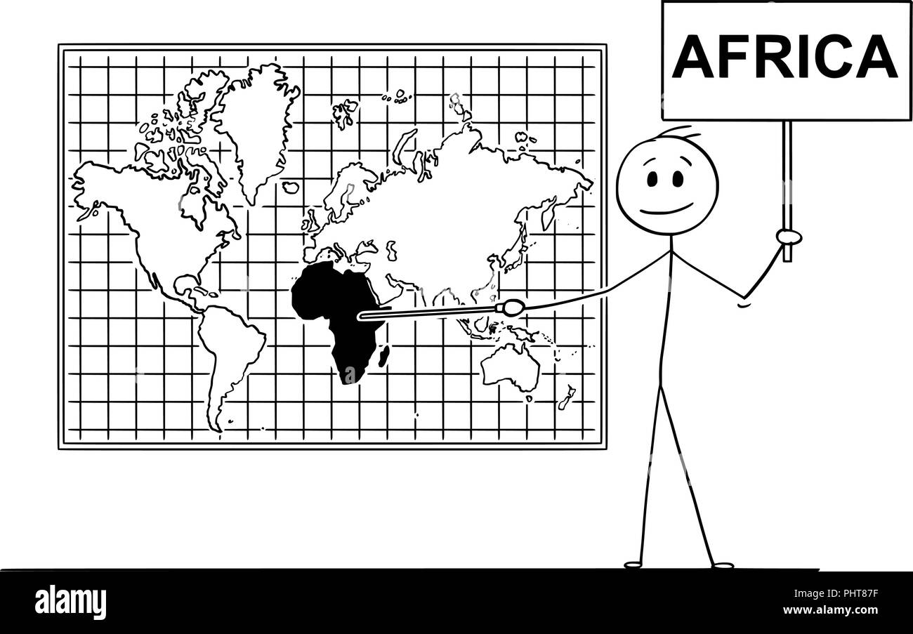 Cartoon von Mann hält ein Zeichen und zeigen auf Afrika Kontinent auf der Weltkarte Stock Vektor