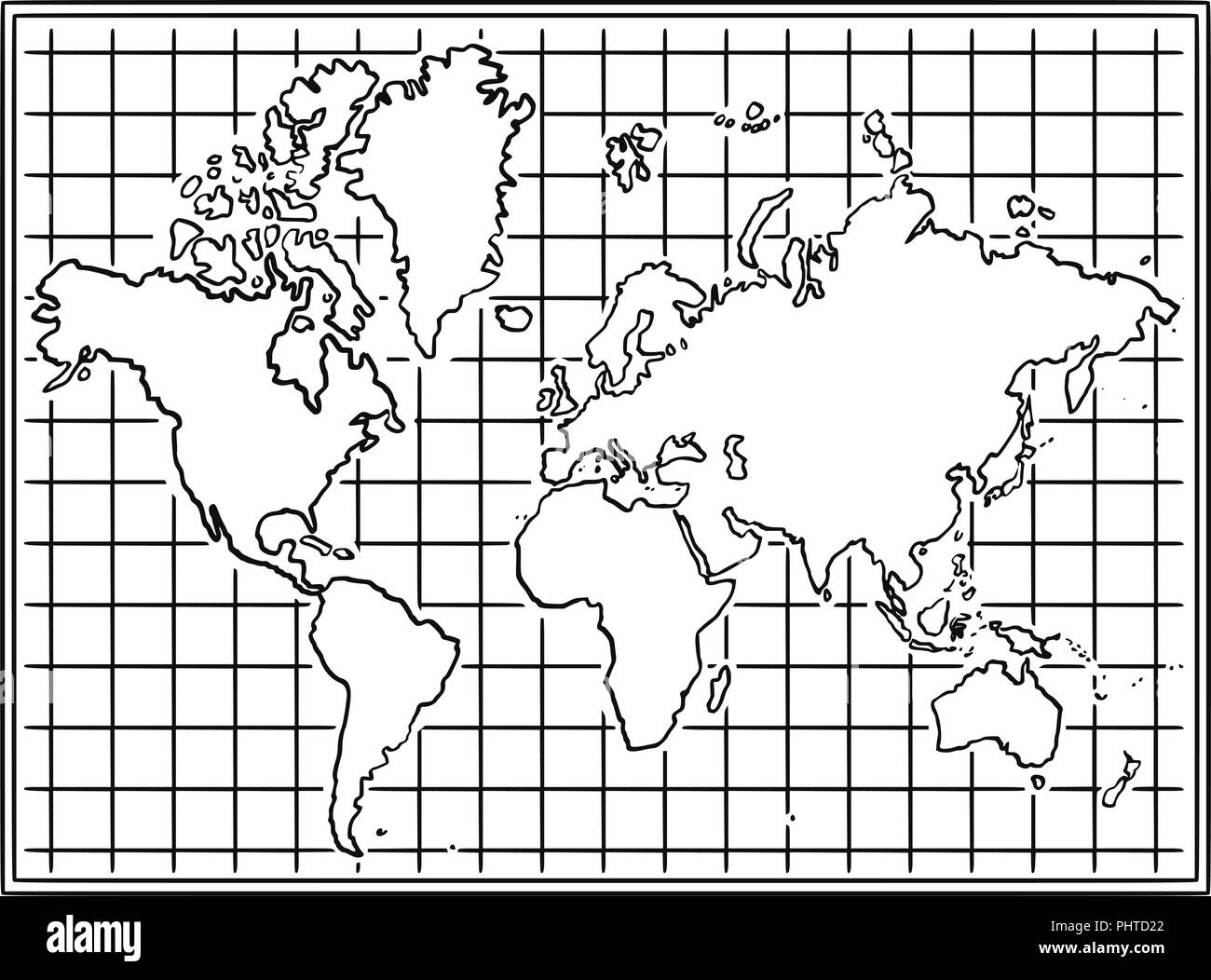 Cartoon zeichnen Abbildung: Karte Welt in Schwarz und Weiß Stock Vektor