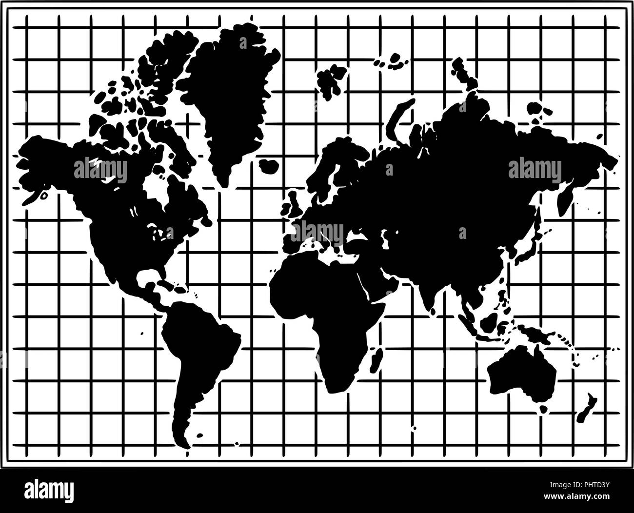 Cartoon zeichnen Abbildung: Karte Welt in Schwarz und Weiß Stock Vektor