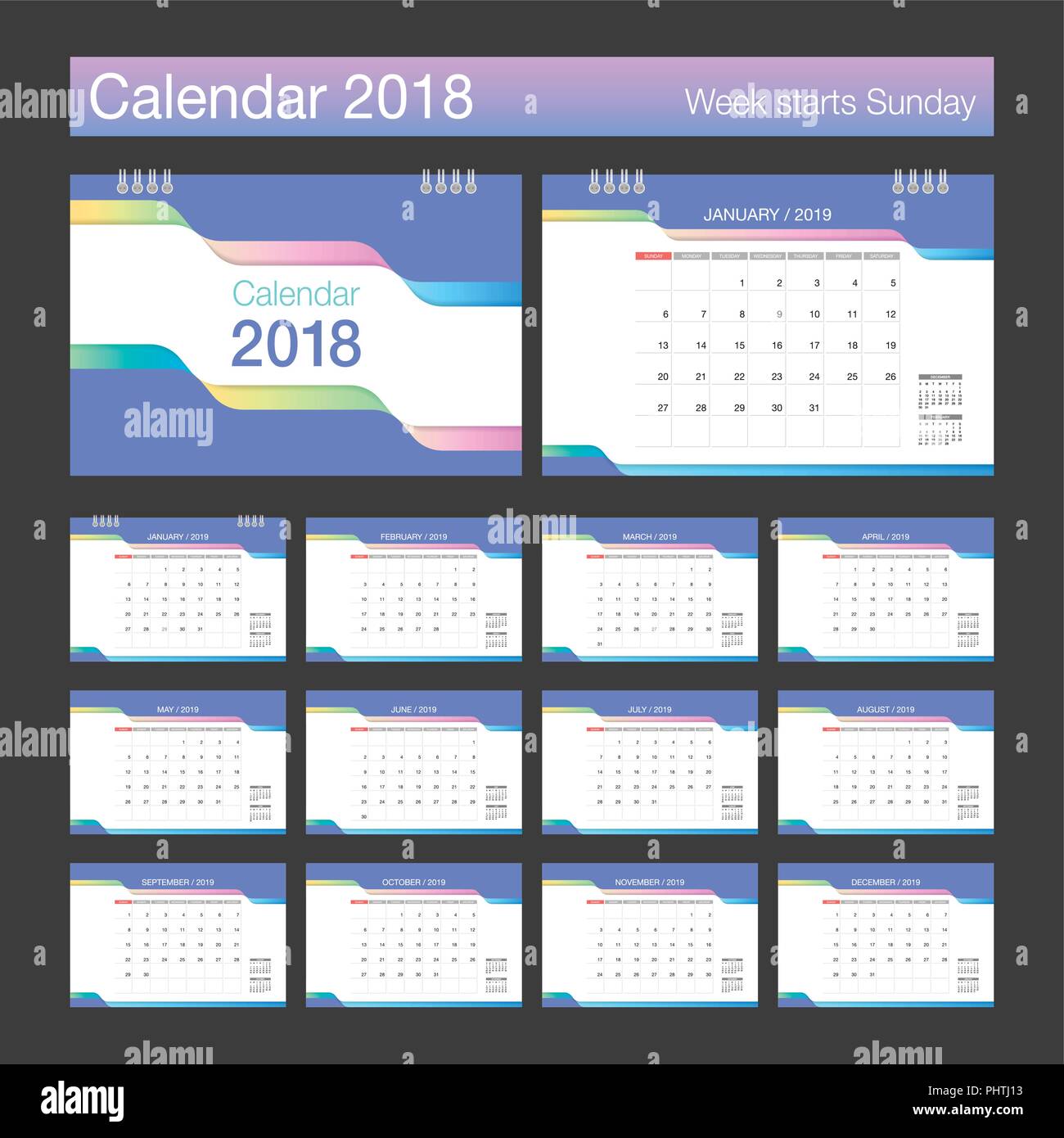 2019 Kalender. Kalender modernes Design vorlage. Woche beginnt Sonntag. Vector Illustration. Stock Vektor