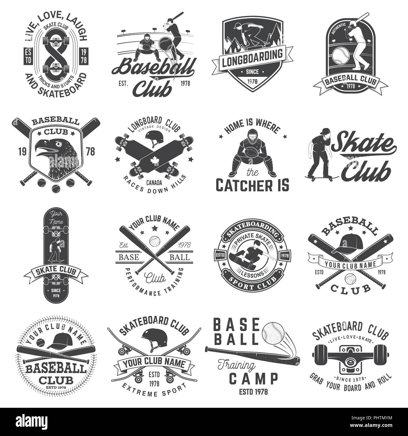 Der Baseball- und Skateboard club Abzeichen. Vector Illustration. Konzept für Hemd oder Logo, Print, Stempel oder T-Stück. Design mit Baseballschläger, Catcher, Adler, Kugel, Skateboarder und Skateboard Silhouette. Stock Vektor