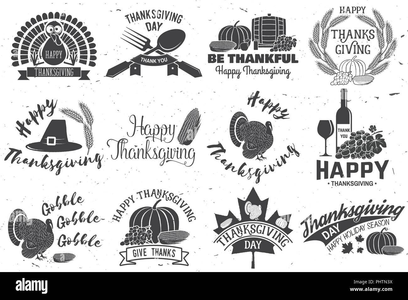 Happy Thanksgiving. Dankbar sein. Vektor Thanksgiving retro Abzeichen. Konzept für Hemd oder Logo, Print, Stempel, Patch. Kürbis, Mais, Apple barrel und Trauben Stock Vektor