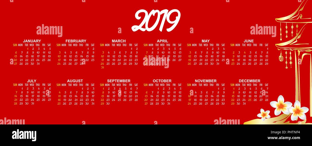 Das chinesische Neujahr Kalender 2019 Stock Vektor