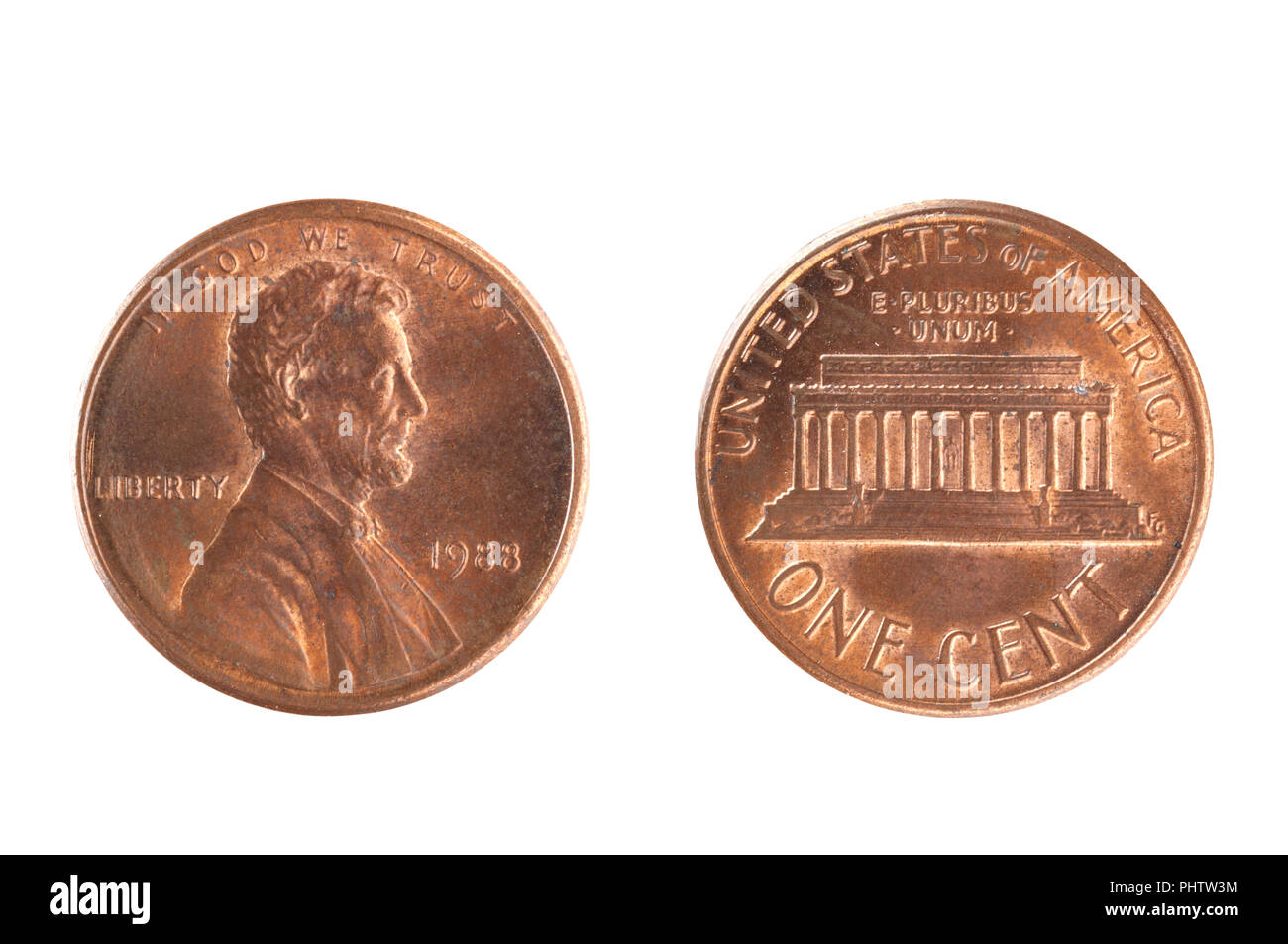 Satz von gedenkmünzen USA Münze, den Nennwert von 1 Cent, von 1988. Auf weissem Hintergrund isolieren Stockfoto
