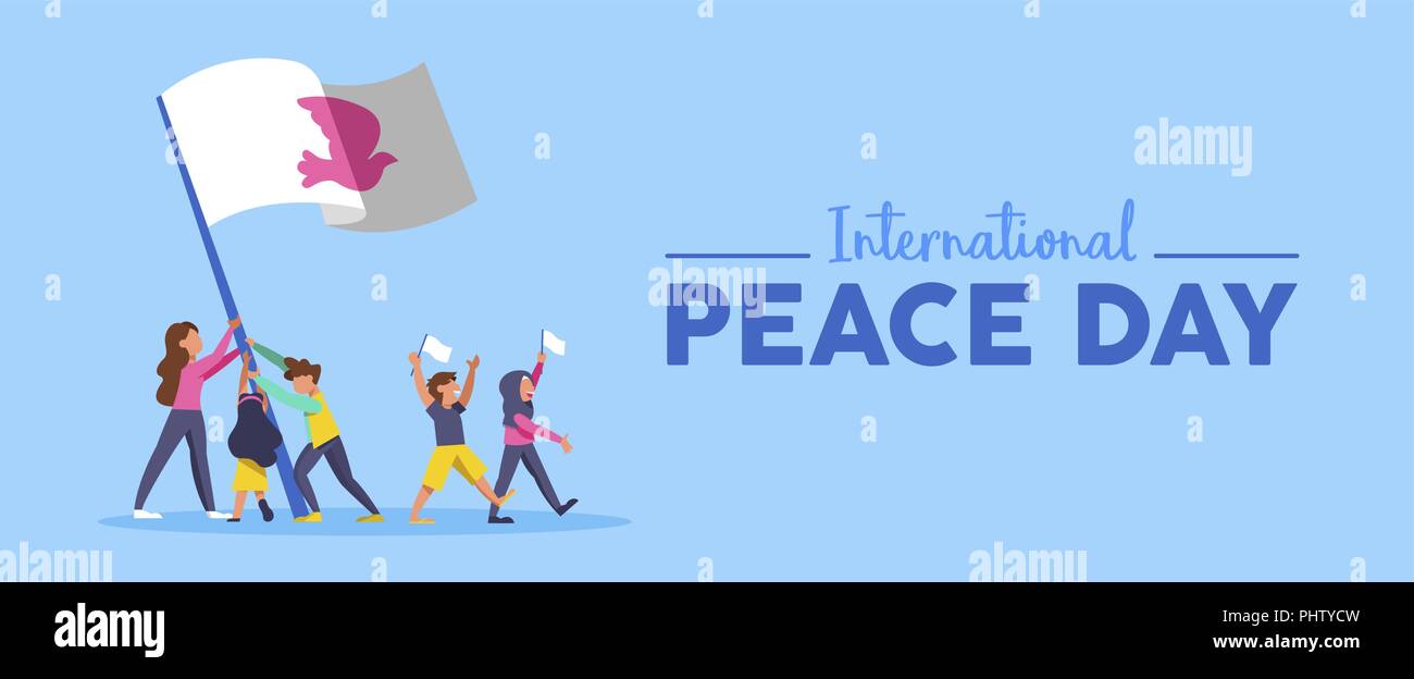 Internationaler Friedenstag Web Banner Illustration für Kultur Einheit und Zusammenarbeit weltweit. Unterschiedliche Menschen Freund Gruppe mit weisse Taube symbol Flagge. EPS Stock Vektor