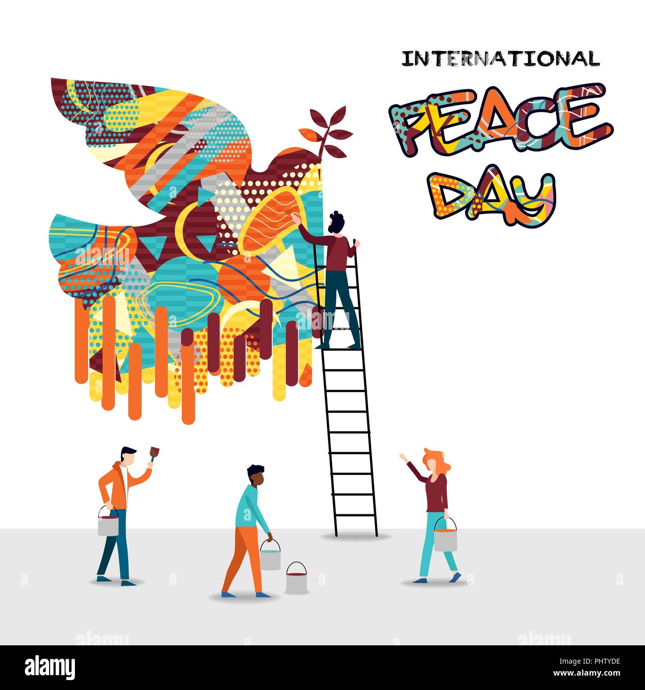 Internationaler Friedenstag Karte für die Welt helfen und die Kultur der Einheit. Diverse Freund Gruppe teamwork Abbildung. EPS 10 Vektor. Stock Vektor