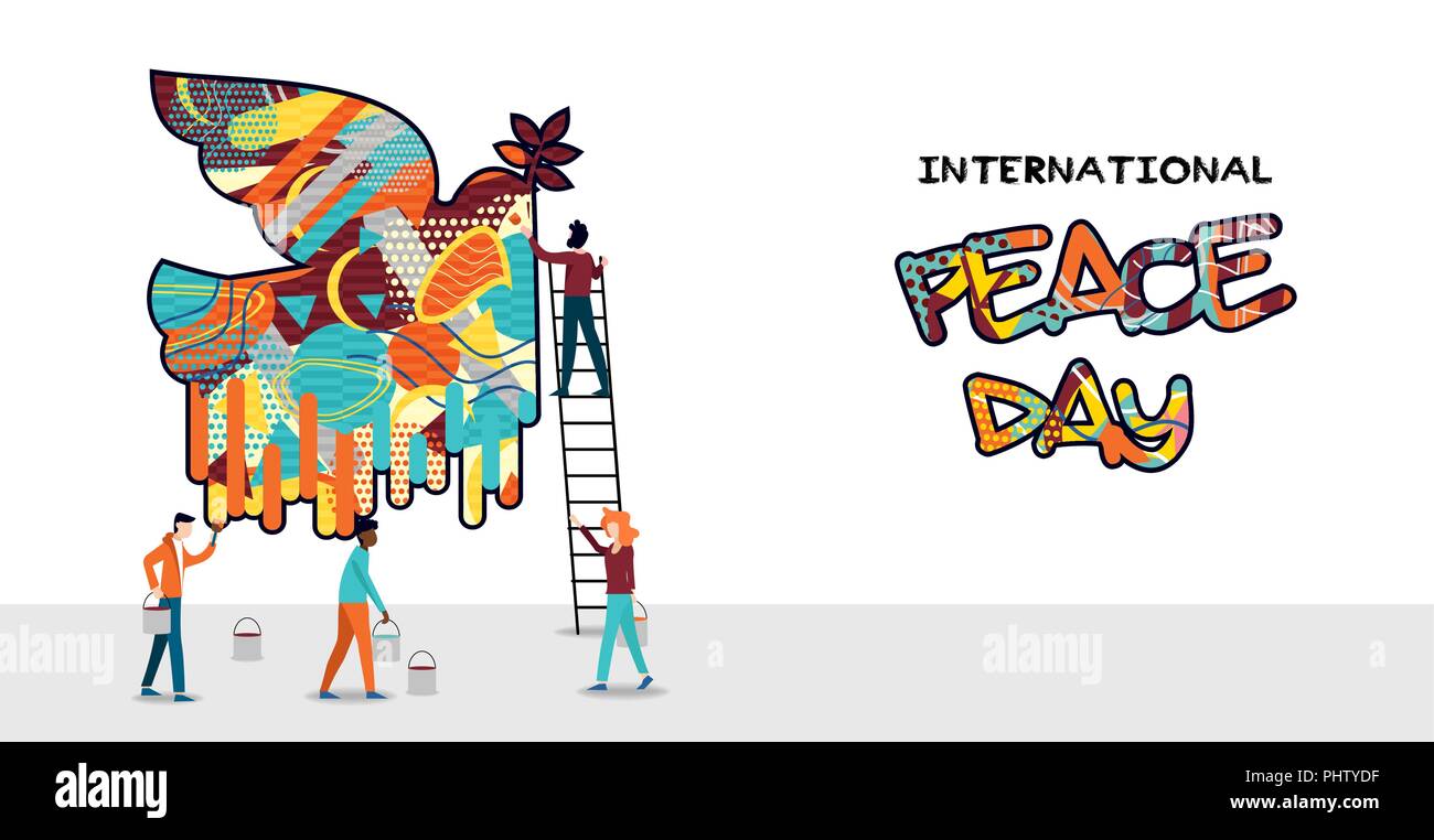 Internationaler Friedenstag Karte für die Welt helfen und die Kultur der Einheit. Diverse Freund Gruppe Malerei taube vogel Graffiti. EPS 10 Vektor. Stock Vektor