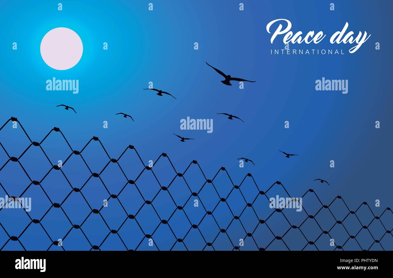 Internationaler Friedenstag Abbildung für die Welt der Freiheit. Kostenlose taube Vögel fliegen über Stacheldrahtzaun. EPS 10 Vektor. Stock Vektor