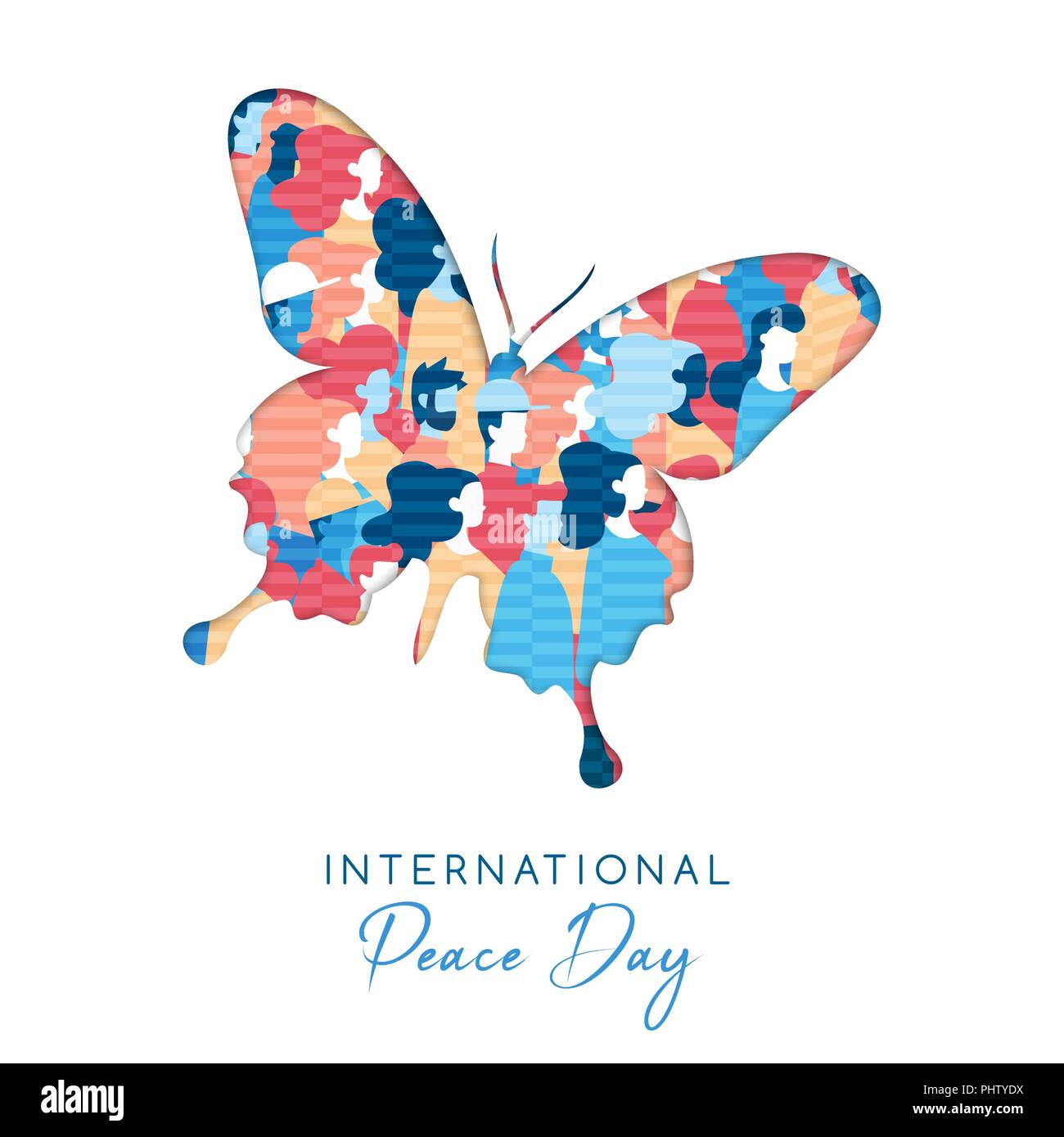 Internationaler Friedenstag Abbildung in Papier schneiden Stil für die Kultur der Einheit in der ganzen Welt. Schmetterling Ausschnitt mit verschiedensten Menschen Menschenmenge. EPS 10 Vektor. Stock Vektor
