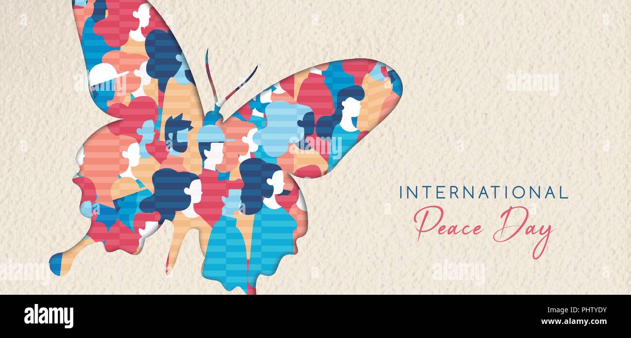 Weltfriedenstag Grußkarte Abbildung, diverse Leute Gruppe zusammen für ganz spezielle Feier. Internationale soziale Hilfe Konzept. EPS 10 ve Stock Vektor