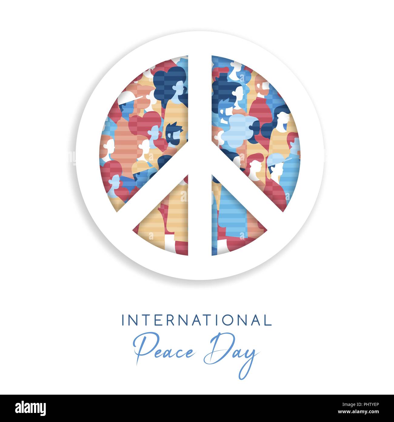Internationaler Friedenstag Abbildung in Papier schneiden Stil für die Kultur der Einheit in der ganzen Welt. Symbol Ausschnitt mit verschiedensten Menschen Menschenmenge. EPS 10 Vektor. Stock Vektor