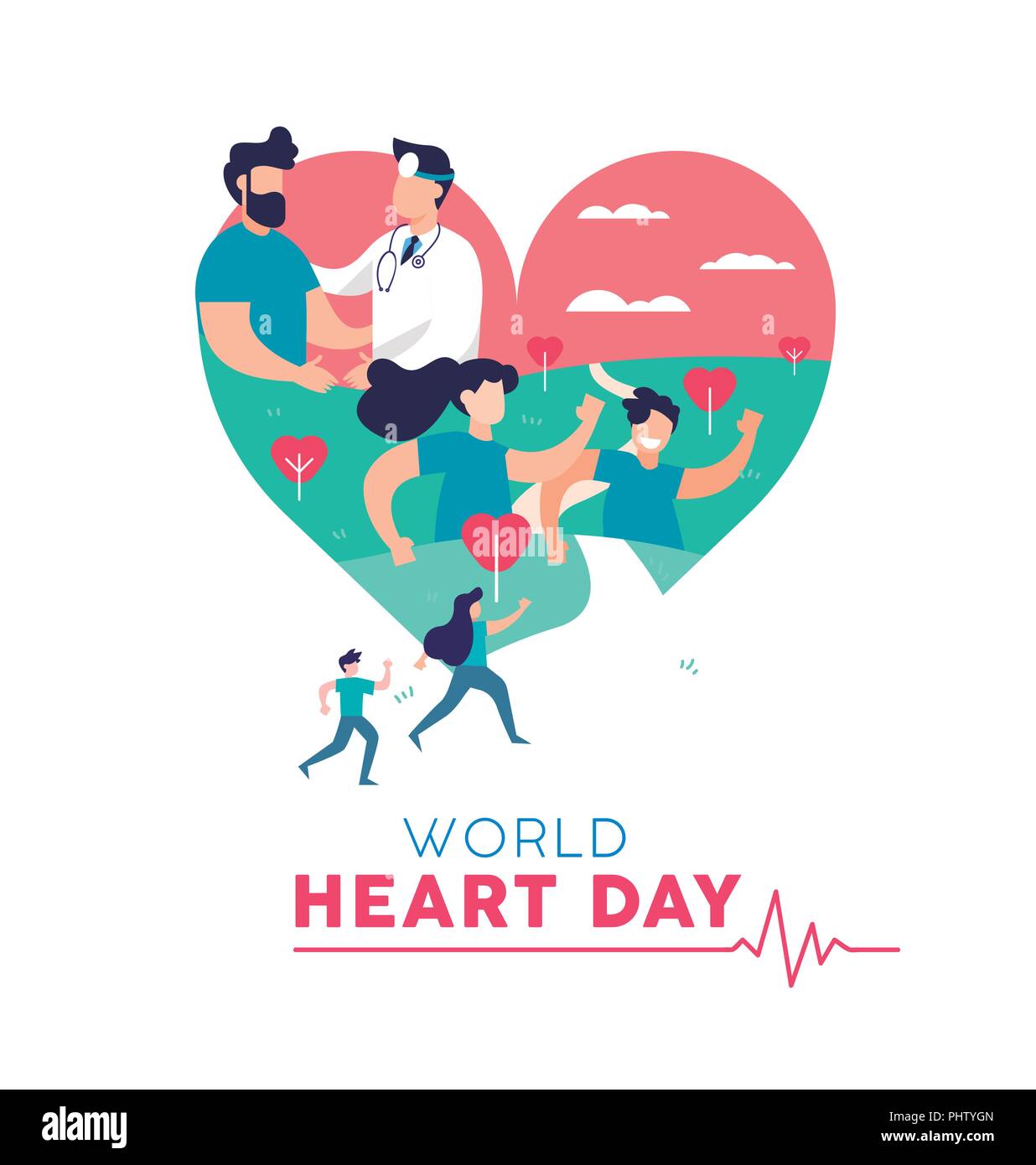 World Heart Day Abbildung: Konzept, Gesundheit Bewusstsein. Leute, die für die Prävention und Arzt mit Patienten. EPS 10 Vektor. Stock Vektor
