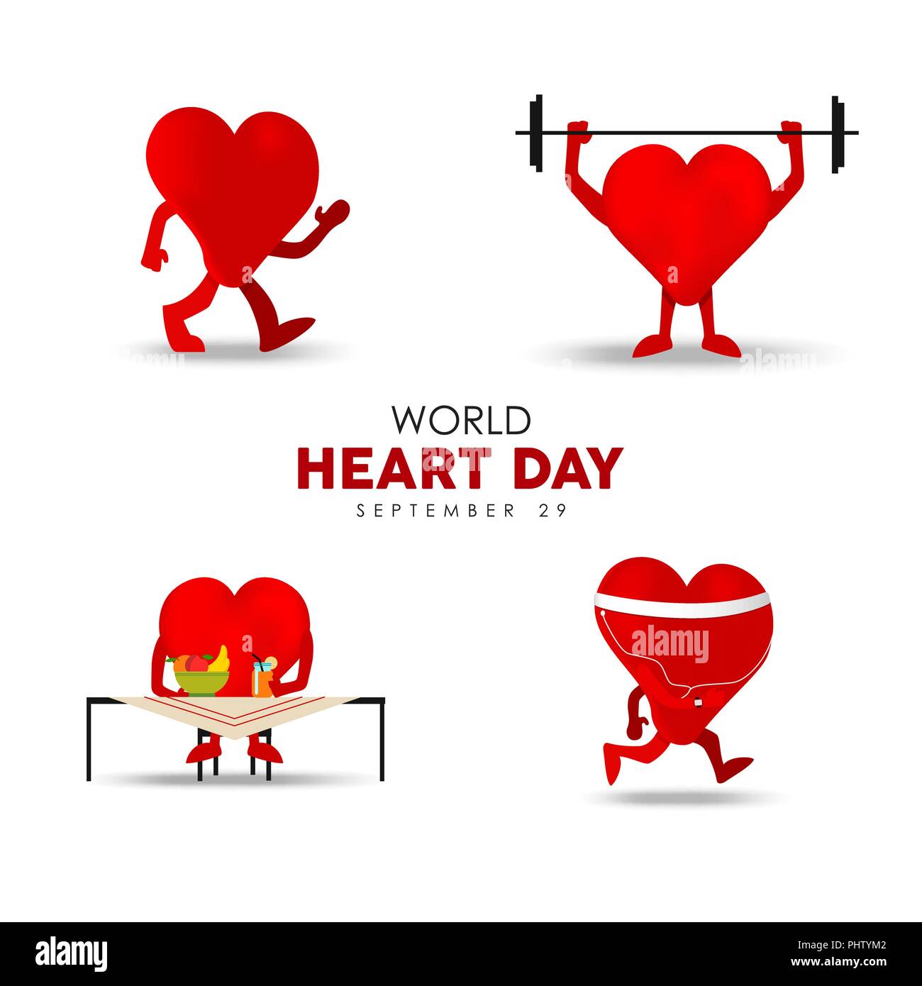 World Heart Day Illustration für Ernährung und Bewegung Konzept, Rot heartshape Zeichensatz zu tun gesunde Aktivität. EPS 10 Vektor. Stock Vektor