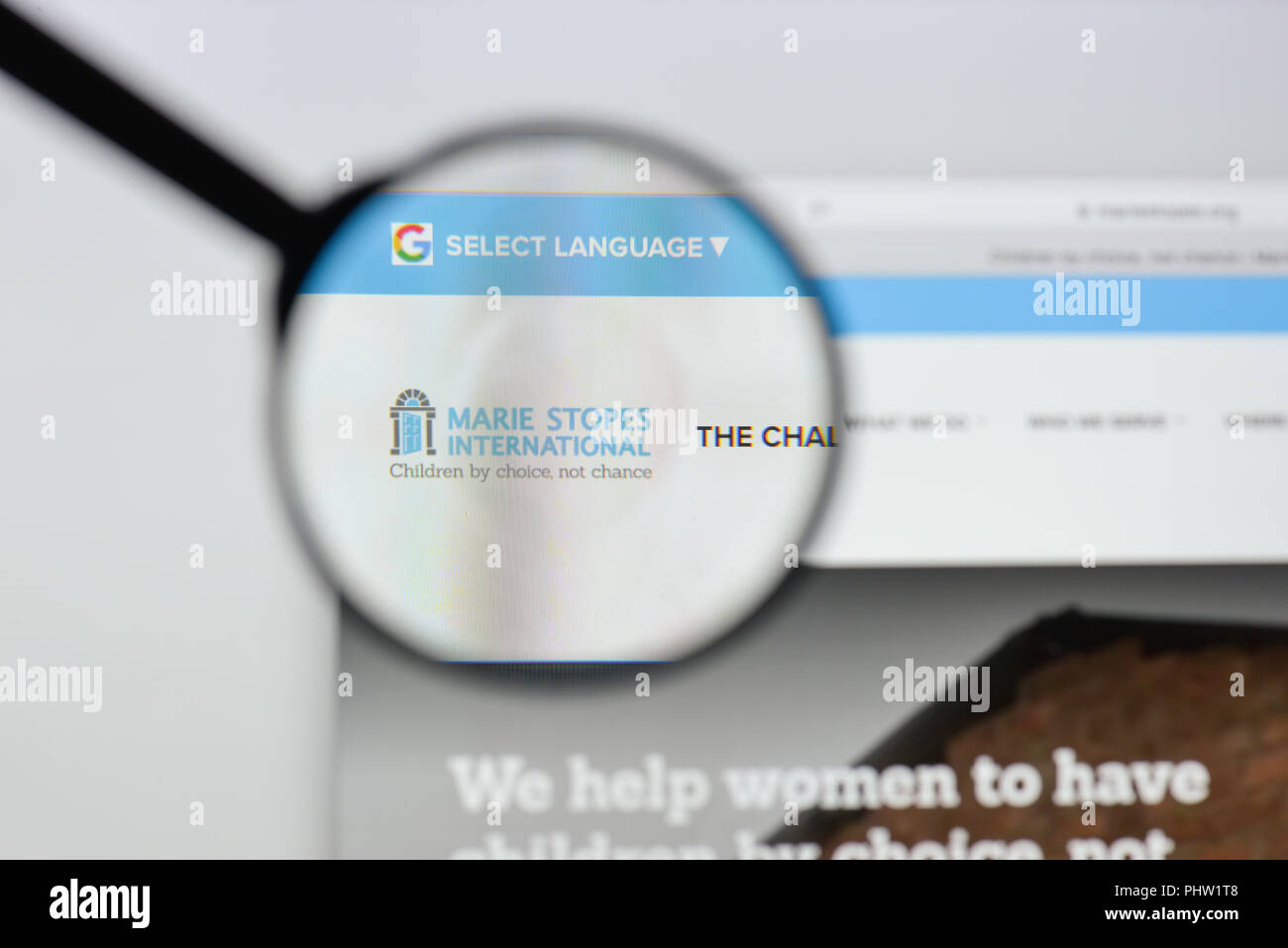 Mailand, Italien - 20 August 2018: Marie Stopes International Website Homepage. Marie Stopes International Logo sichtbar. Stockfoto