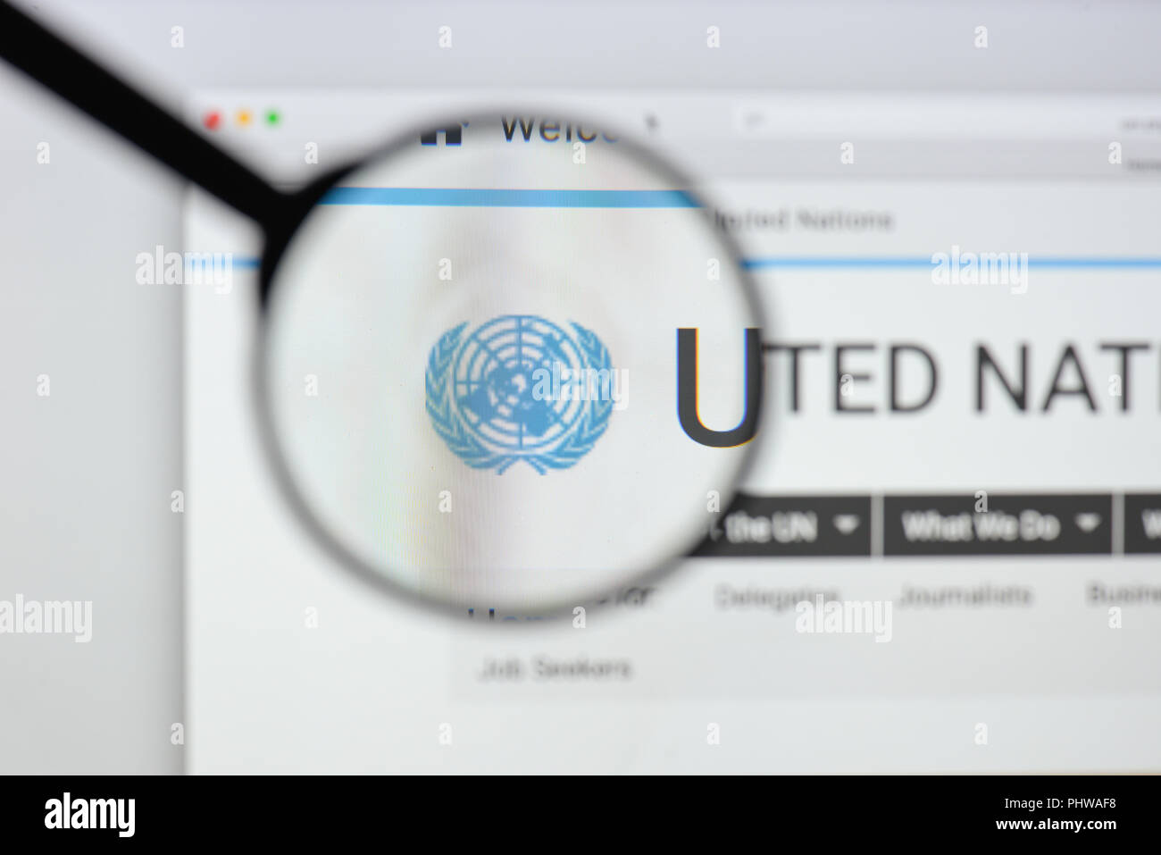 Mailand, Italien - 20 August 2018: Die Vereinten Nationen Homepage. Logo der Vereinten Nationen sichtbar. Stockfoto