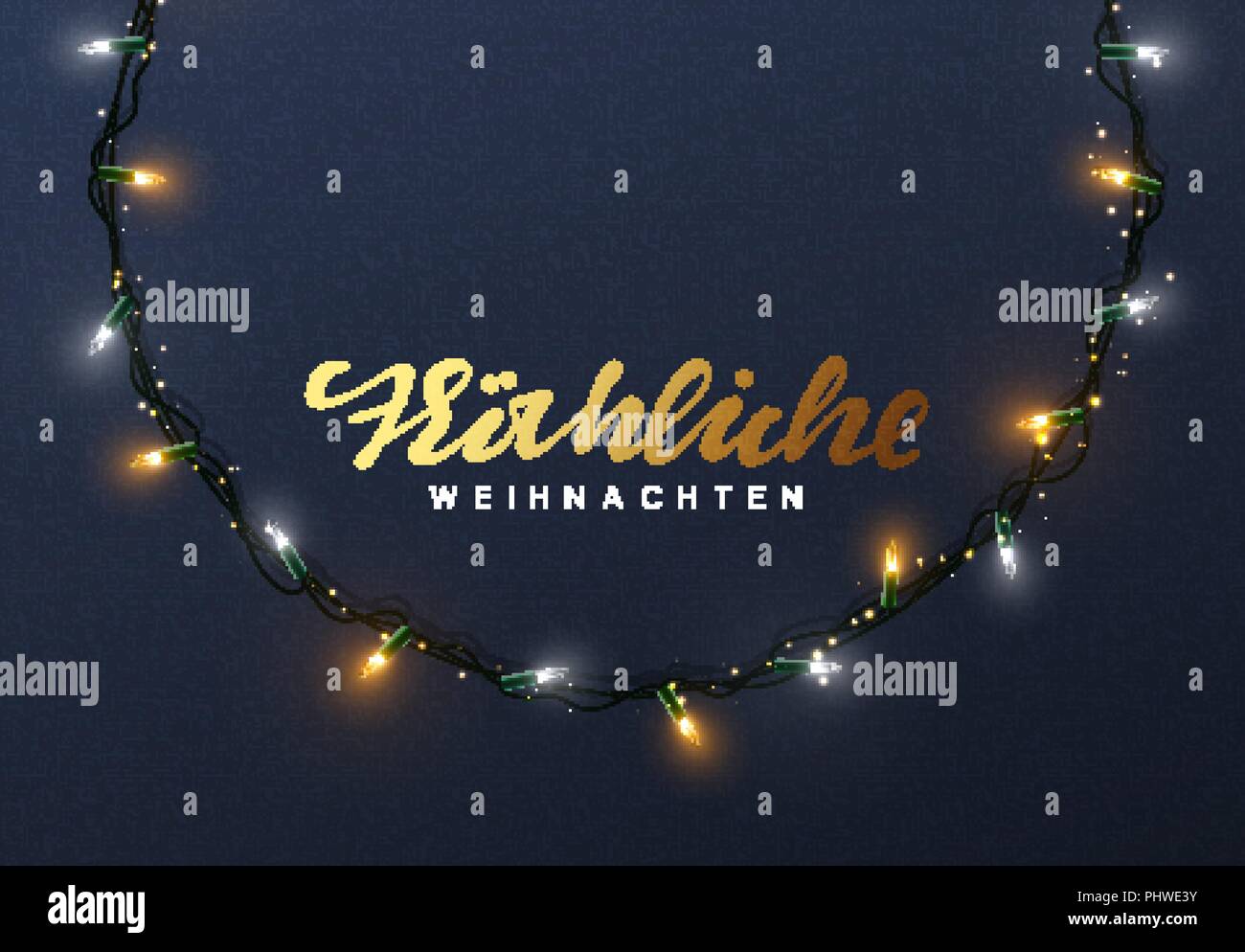 Glühende Weihnachtsbeleuchtung Kranz für Weihnachten Weihnachtskarten Design. Deutsche text Frohliche Weihnachten Stock Vektor