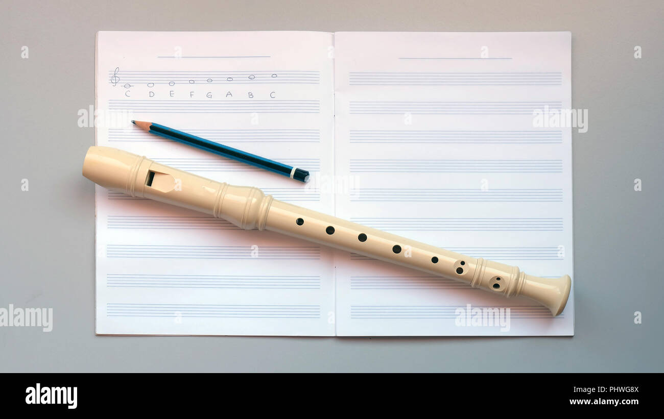 Recorder und einen Bleistift auf eine leere Personal Notizbuch aus Papier Stockfoto