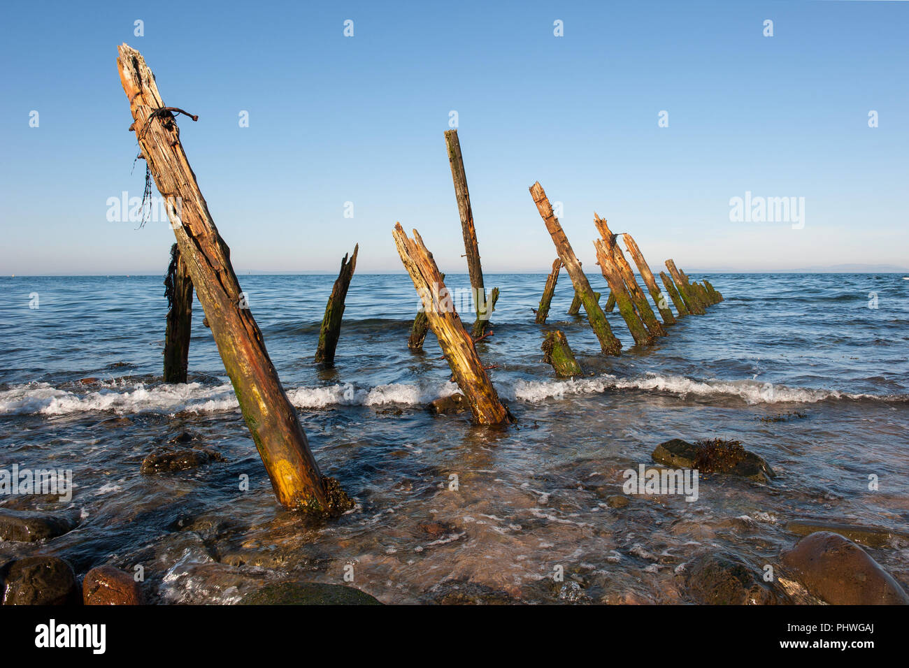 Verrottendes Holz Pfähle aus einem alten Boot Anlegestelle am Strand in der Nähe von Drummore, Rhins Of Galloway, SW Schottland. Blauer Himmel und das türkisfarbene Meer Stockfoto
