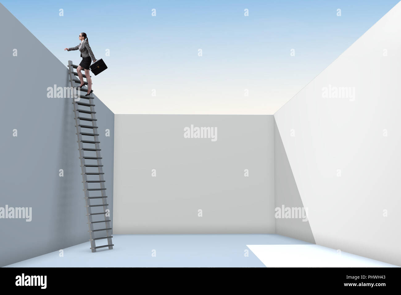 Geschäftsfrau klettern eine Leiter von den Problemen zu entkommen Stockfoto