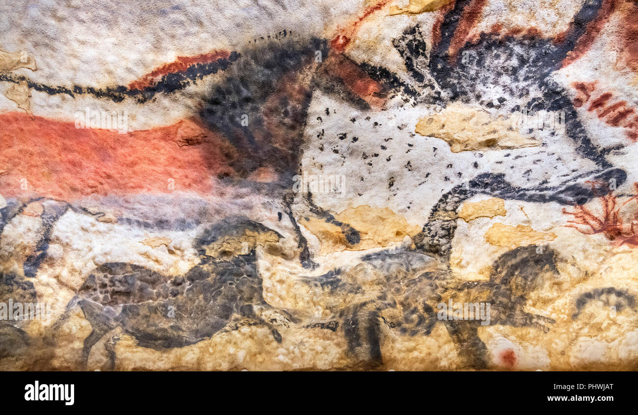 Höhlenmalerei aus der Halle der Bullen (La Salle des Taureaux), Internationales Zentrum für Kunst und Höhle (IV), Montignac Lascaux, Dordogne, Frankreich Stockfoto