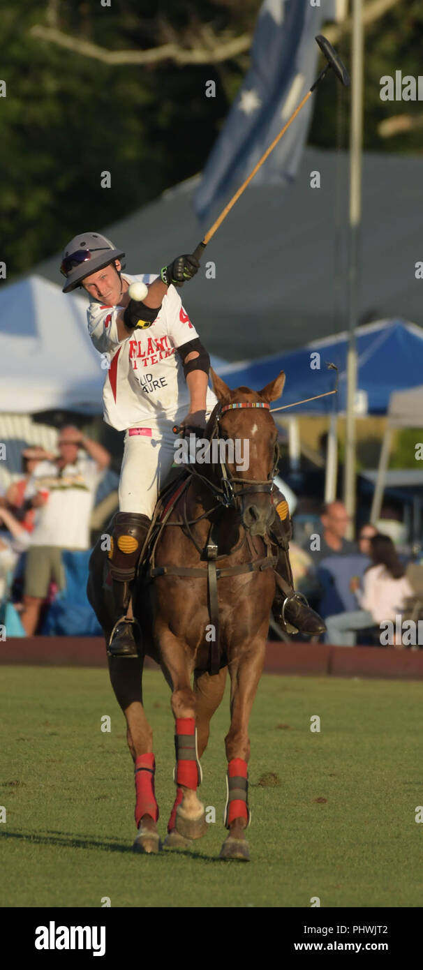 England Spieler Jimmy Holz konkurriert in den jährlichen England gegen USA Polo Match am Newport Polo in Newport, Rhode Island, USA. Stockfoto
