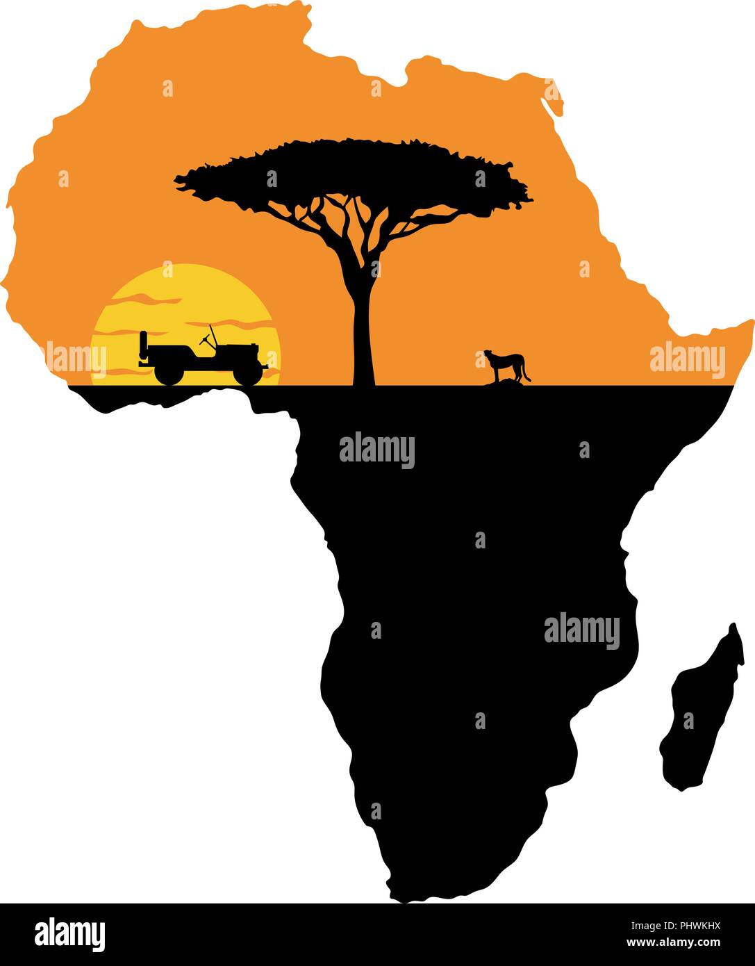 Cheetah und Auto auf dem Hintergrund der untergehenden Sonne und der Karte von Afrika Stock Vektor