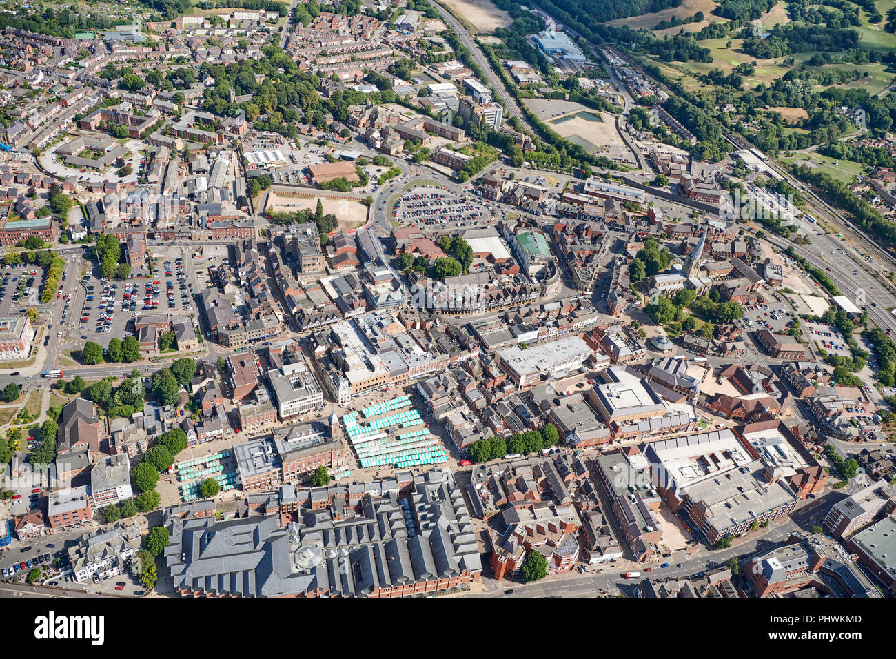 Ein Luftbild von Chesterfield Town Centre, South Yorkshire, Nordengland, Großbritannien Stockfoto