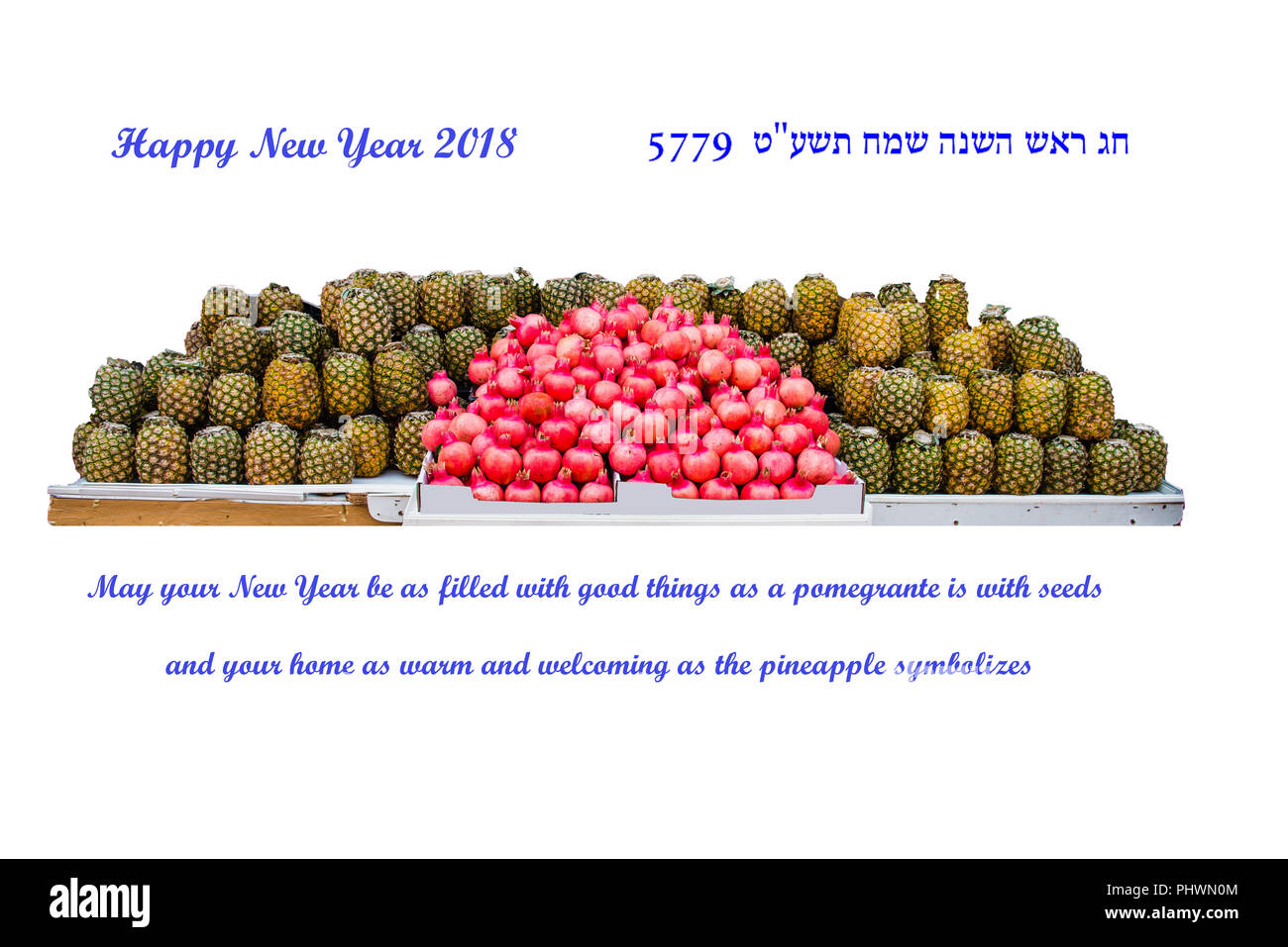 Granatäpfel und Ananas Grußkarte Rosch Haschanah das Jüdische Neue Jahr 2018 Stockfoto