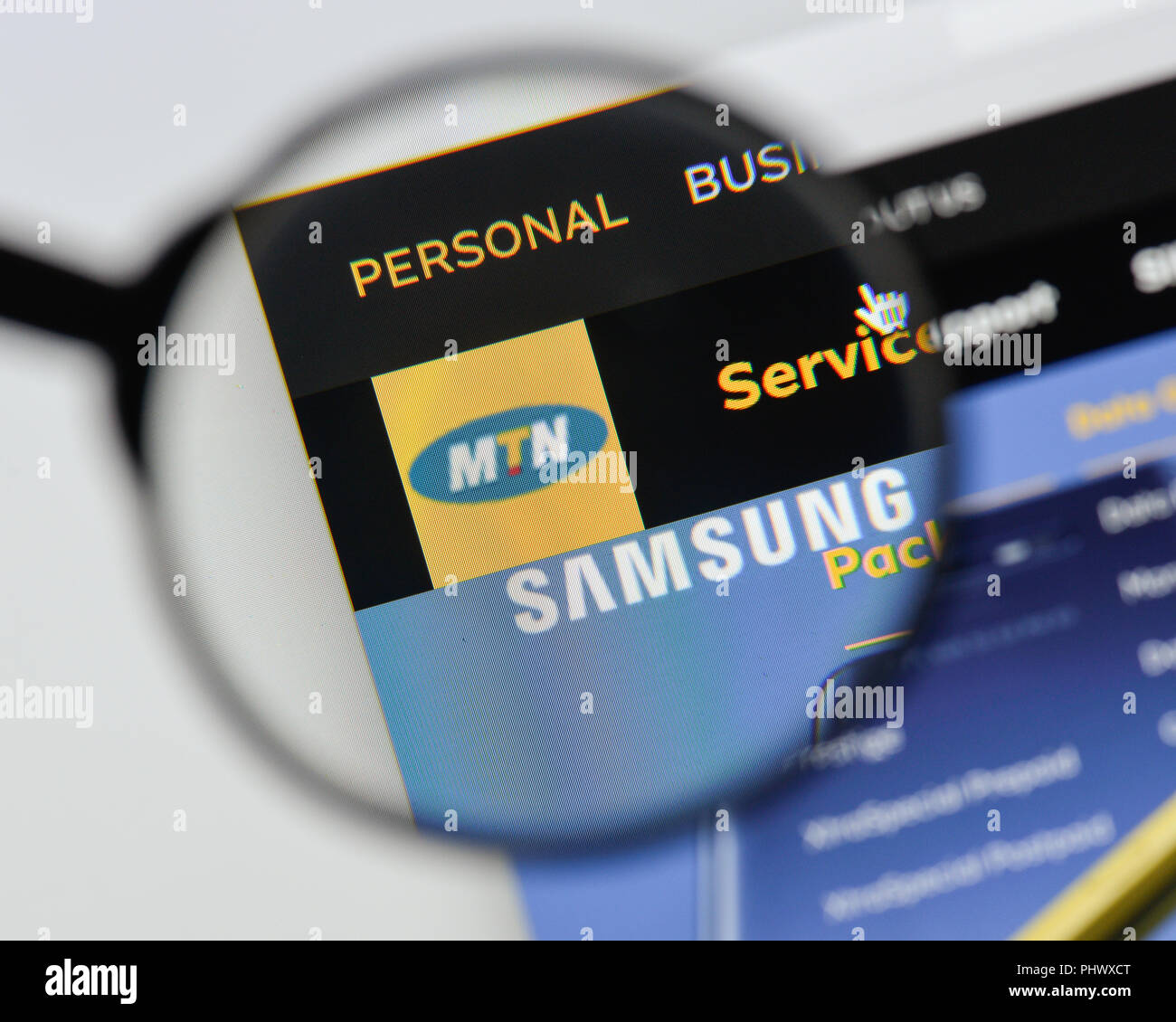 Mailand, Italien - 20 August 2018: MTN-Homepage. MTN Logo sichtbar. Stockfoto