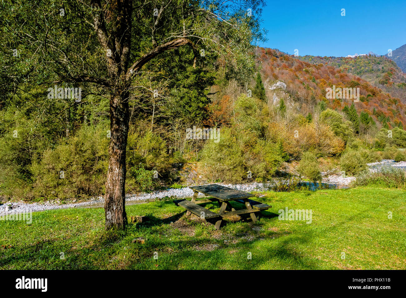 Herbst Landschaft in den Alpen einen Picknicktisch im Schatten einer Pflanze, an einem schönen Tag, Bergamo, Bergamasker, Tal brembana Lokalität Cassiglio Stockfoto