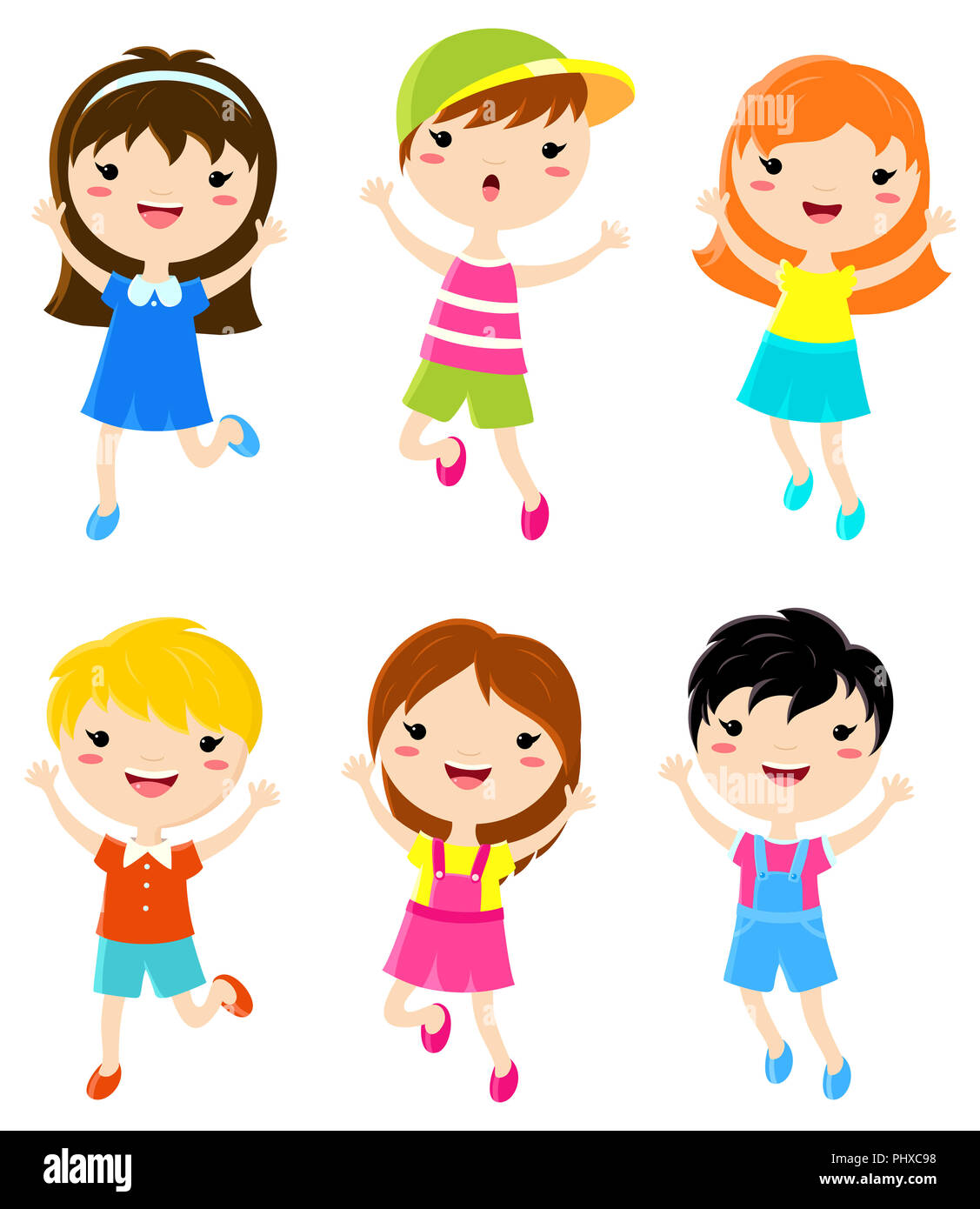 Happy Kids springen. Jungen und Mädchen im Sommer Kleidung. Vektor einrichten von Comicfiguren in flachen Stil. EPS8 Stockfoto
