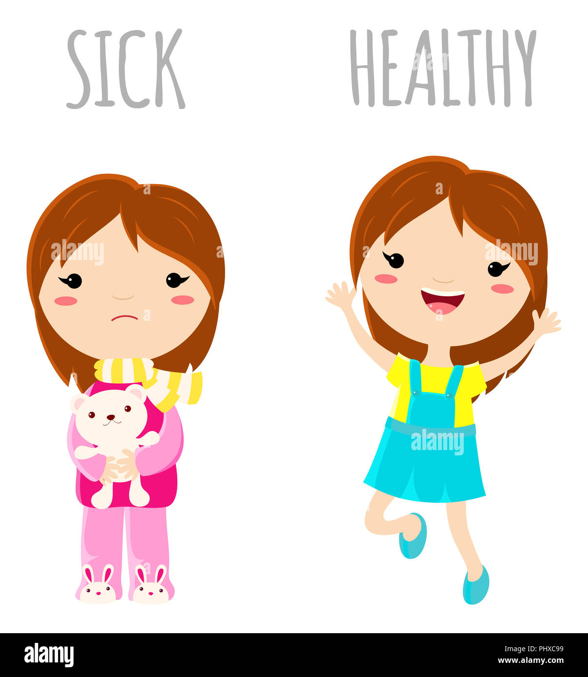 Sick Sad kleines Mädchen im Schlafanzug mit Spielzeug und fröhlichen gesunden springen Mädchen. Gegenüber wordcard für Abbildung von Wort krank und gesund. Der Vektor Stockfoto