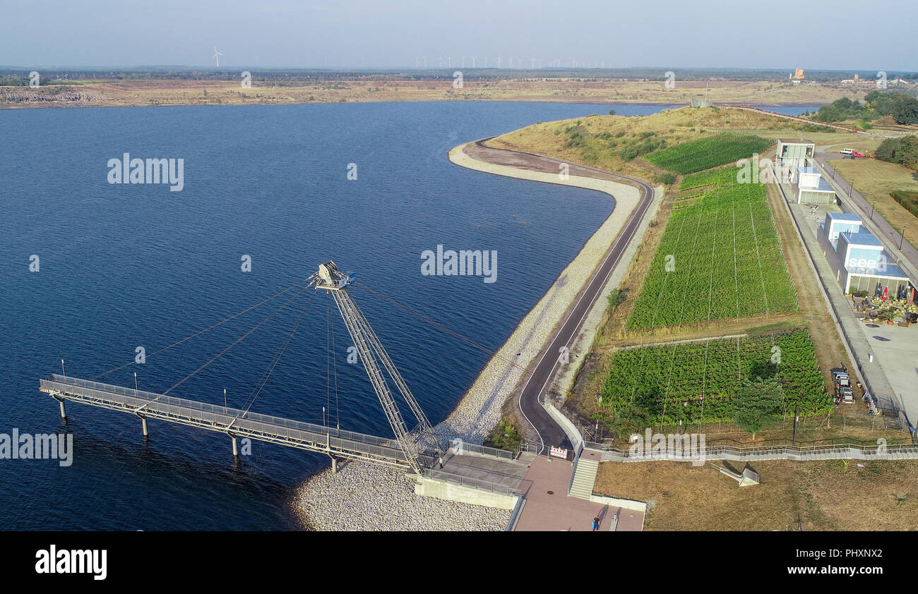 03 09 2018 brandenburg grossraschen panoramablick uber den pier am neu gebauten grossraschener sehen und den weinbergen des weingut wobar lindenfeld landwirtschaftsbetrieb gbr und den iba terrassen luftbild mit einer drohne am gleichen tag trauben